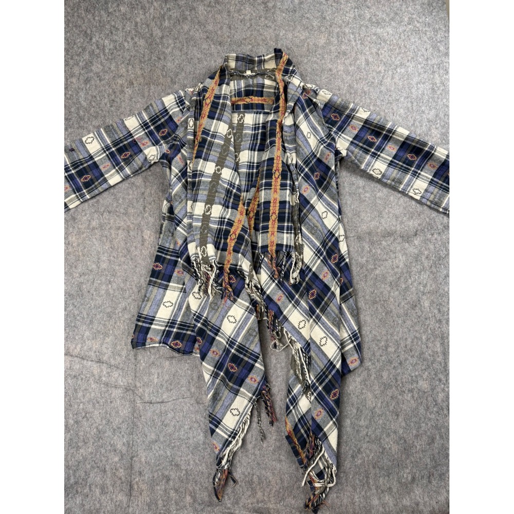Lucky Brand Cardigan Women Small Blue Plaid Cotton Southwest Fringe Draped Boho